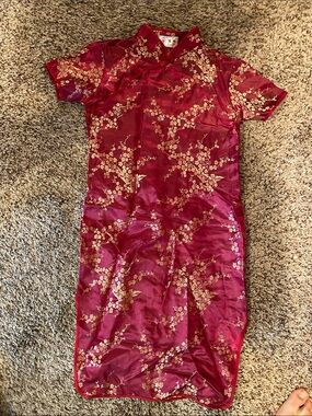 Girls' Traditional Red Satin Floral Dress with Gold Accents